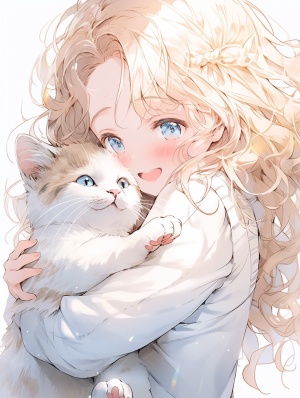 羊毛卷头发姐姐和白毛蓝眼睛猫的美丽