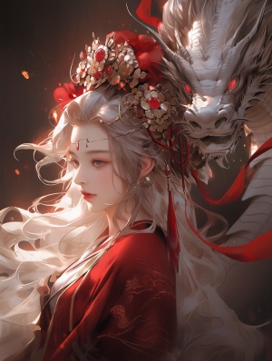 Red-haired anime girl with flower headdress in Zhang Jingna style