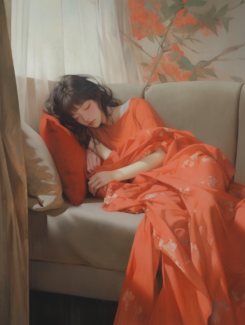 25岁女，身穿朱红色的抹胸裙，她微侧躺在沙发上，闭着眼睛，沙发边的窗帘被风吹的来回飘荡。