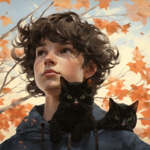 男生与缅因猫，阳光，秋天风吹动黑短发
