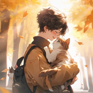 男生与缅因猫，阳光，秋天风吹动黑短发