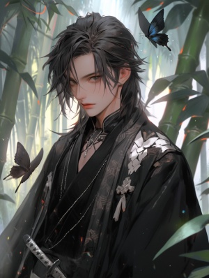 细节丰富的英俊男孩在户外森林中穿着黑色皮衣外套，樱花树下有竹林和白蝴蝶