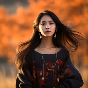 韩国美女，穿秋季衣服，高冷范，黑色的头发，头发披双肩，黑色的眼睛，,自然的光线，带项链，自由度，8k，最佳质量