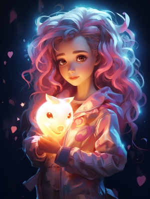 一个小女孩手里拿着一颗独角兽的心，采用霓虹调色板、夜芯、onii-kei、zbrush、oshare,kei的风格，大胆的人物设计、发光的肖像