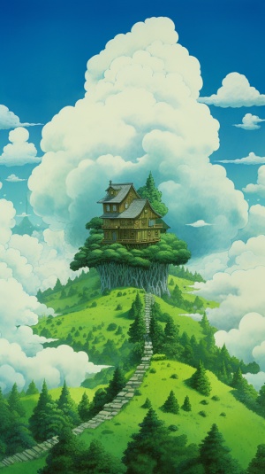 云中有片小木屋，宫崎骏，梦幻，超现实，整体绿色