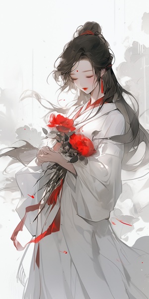 中国女生穿白色古装手持红色花，悲伤仙侠风