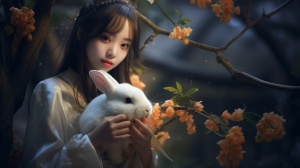 淡雅女孩与小白兔：桂花树下的思念