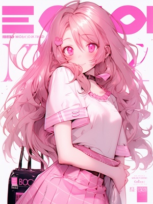 粉色波浪卷长发少女：杂志封面的漫画风格