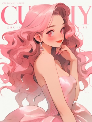 粉色波浪卷长发少女：杂志封面的漫画风格