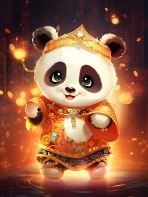 可爱的卡通小熊猫，京剧打扮，欢乐的跳着舞，背景唯美梦幻