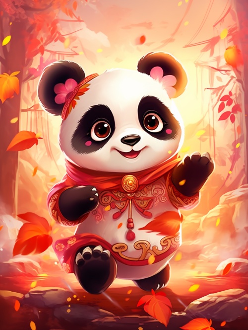 可爱的卡通小熊猫，京剧打扮（包括头饰，服装，妆容），欢乐的跳着舞，背景是唯美梦幻的竹林