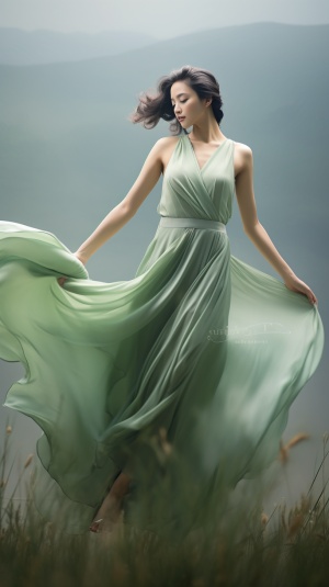 亚洲女子穿着淡绿色绸缎飘逸的裙子，姿势优雅，淡淡青草色背景，,丝雾，舞，远景，全身，雾，