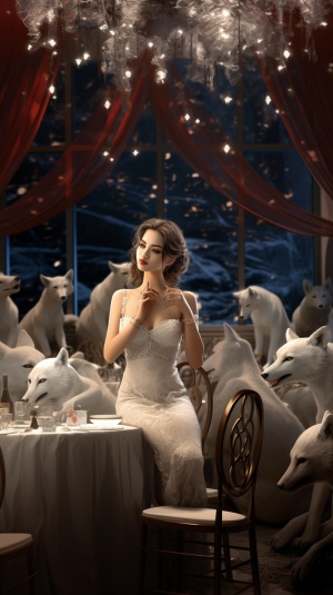 一个女孩有对狼耳朵和狼眼睛，现在酒店宴会厅，宴会厅内有很多宾客