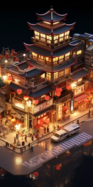 古老的中国风建筑，繁忙的街道。在中间是一条道路，两旁是古风建筑的店铺，散发着节日的氛围，大规模促销活动和打折。温暖的灯光照亮了整个街道。古风建筑和店铺呈橘色调，营造了热闹喜庆的氛围。这张照片是一个受欢迎的超市风格的3D模型，采用了皮克斯、迪士尼风格的明亮色彩，结合了Behance、Blender和3D渲染技术，呈现出超逼真的、最高质量的8K图像，展现了细致入微的细节。