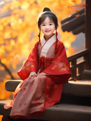 五岁的中国小女孩，红色汉服，可爱的圆脸，正面，微笑，坐在木结构台阶上，自信迷人，枫叶，秋天，CG渲染。