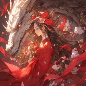 Red-haired Anime Girl with Flower Headdress and Serene Faces