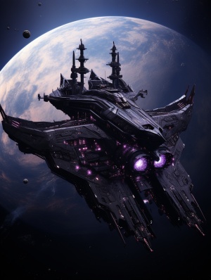 宇宙星空，黑紫色战舰，破碎的星球