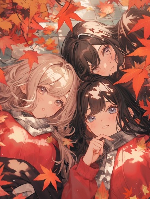 秋风，枫叶，三个黑眸黑衣女人，爬山虎墙壁，甜美高贵，高冷，妩媚