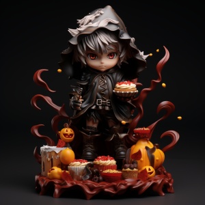 3D模型：小男孩cos小恶魔在洒落糖果的万圣节雕塑