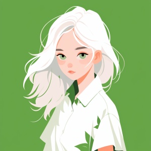 漂亮中国白发少女，绿眼睛，极简主义抽象插画