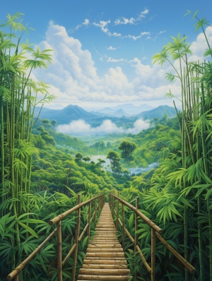 青山绿水竹林桥，蔚蓝天空一团洁白的云彩