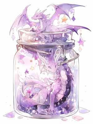 一个透明圆形大玻璃罐，一只小龙探出头趴在玻璃罐口，罐子里还有几只小龙和一堆冰块，背景紫色，华丽一些，周围有很多亮晶晶的星星