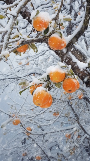 柿子树挂了两颗熟透了的柿子，白色的雪覆盖天空下雪，超分辨率，超高清，大师杰作