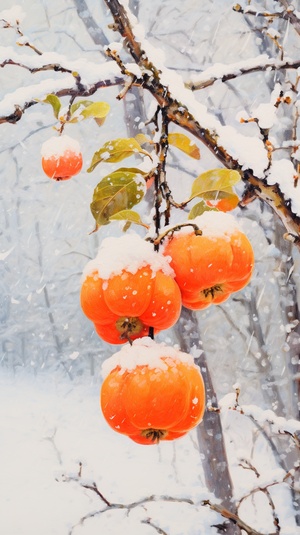 柿子树挂了两颗熟透了的柿子，白色的雪覆盖天空下雪，超分辨率，超高清，大师杰作