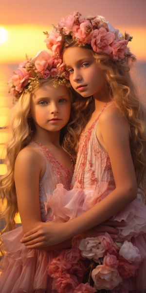 可爱的8岁姐妹，粉色裙子，头戴花环（包括头饰，服装，妆容），欢乐并肩着，背景是唯美梦幻的花海