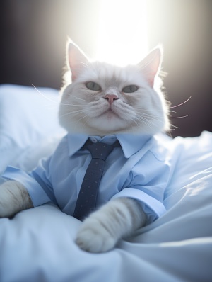 一只猫躺在床上，穿着一件衬衫，在坚定的风格，快乐的核心，抓拍的偷拍时刻，统一的舞台图像，浅海军蓝和浅青色，动画动图，高质量的照片