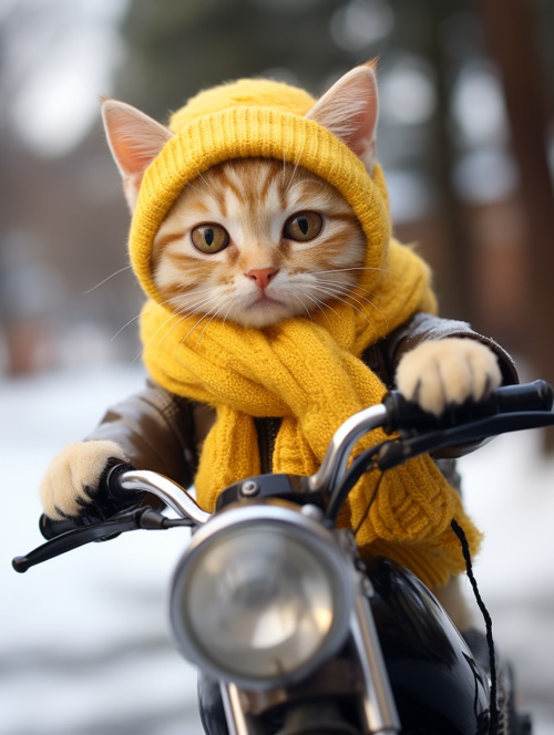 骑摩托的小猫，有着美丽的眼睛，穿着黄色工装，带着帽子，围脖，骑着摩托车，道路背景，拟人化。真实照片，经典构图，下雪天
