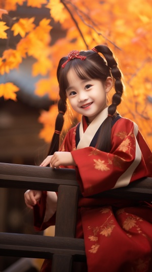 五岁的中国小女孩，红色汉服，可爱的圆脸，正面对着镜头微笑，坐在木结构台阶上，自信可爱迷人，背景是红色的枫叶，秋天的景色，CG渲染。