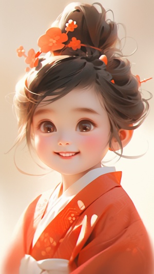 可爱中国三岁女宝宝穿红渐橘黄汉服笑得开心