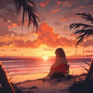 夕阳，一个女孩坐在的沙滩上看着海面，旁边有只柯基