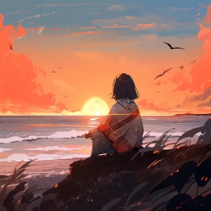 夕阳，一个女孩坐在的沙滩上看着海面，旁边有只柯基
