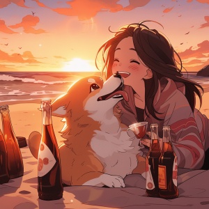 夕阳，一个女孩，海边沙滩上，啤酒瓶，宠物柯基