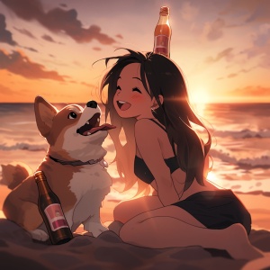 夕阳，一个女孩，海边沙滩上，啤酒瓶，宠物柯基