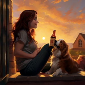 夕阳，女孩，啤酒瓶，柯基