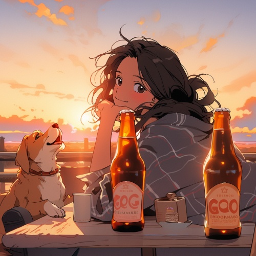 夕阳，女孩，啤酒瓶，柯基
