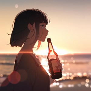 夕阳，海边，沙滩，女孩，啤酒瓶，柯基
