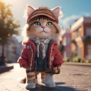 一只穿着时髦衣服的猫站在街上，温暖的阳光，温暖的色彩，面对镜头，愈合系统，3d，搅拌机，红移，逼真的渲染细节，高清，8k