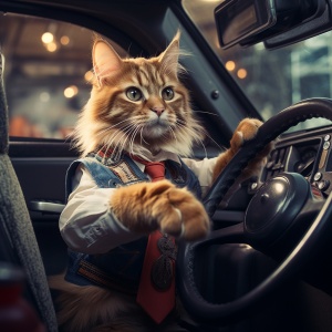 一只可爱的猫当司机在开车，商业摄影，惊艳，迷人，超级逼真，32k,UHD