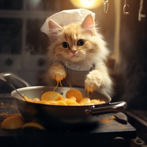 一只可爱的小猫系着围裙，毛绒绒的黄白相间，拿着盘锅，煎着鱼，在灶台上，在明亮的厨房里，电影级的灯光，摄影，真实，超现实，uhd