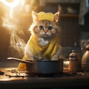 一只可爱的小猫系着围裙，毛绒绒的黄白相间，拿着盘锅，煎着鱼，在灶台上，在明亮的厨房里，电影级的灯光，摄影，真实，超现实，uhd