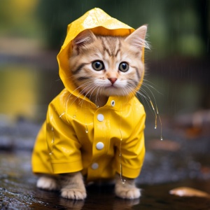 宠物摄影，世界上最小的猫，在雨天，猫穿着黄色雨衣，玩水它有美丽的眼睛，拟人化，照片真实，经典组成、杰作、细腻,颜色修正，惊人的视觉效果，疯狂细节，复杂的细节，清晰的焦点，高清，8k，