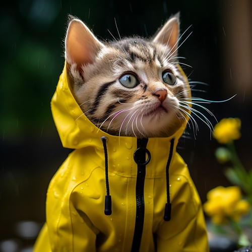 宠物摄影，世界上最小的猫，在雨天，猫穿着黄色雨衣，玩水它有美丽的眼睛，拟人化，照片真实，经典组成、杰作、细腻,颜色修正，惊人的视觉效果，疯狂细节，复杂的细节，清晰的焦点，高清，8k，