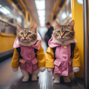 公交车过道上两只身穿夹克、背着黄色书包的猫，穿着可爱的校服，双脚站立行走，一只身穿白色衬衫，爪子搭在栏杆上，另一只身穿粉色毛衣，充满细节的照片风格，明亮的光线，柔和的光效，透露出紧张和兴奋的心情