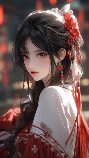 穿中式汉服的女孩，正看着镜头，汉服优雅高贵，白渐红色的汉服，上面有珍珠装饰，真实细腻，冷清的少女，全身照