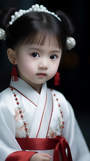 穿中式汉服的小女孩，优雅高贵的白渐红色珍珠汉服全身照