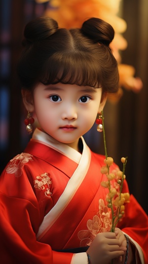 穿中式汉服的三岁小女孩，正看着镜头，汉服优雅高贵，大红色的汉服，上面有珍珠装饰，真实细腻，全身照